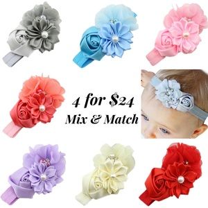 Boho Baby/Toddler Crystal Pearl Triple Flower Stretchy Headband